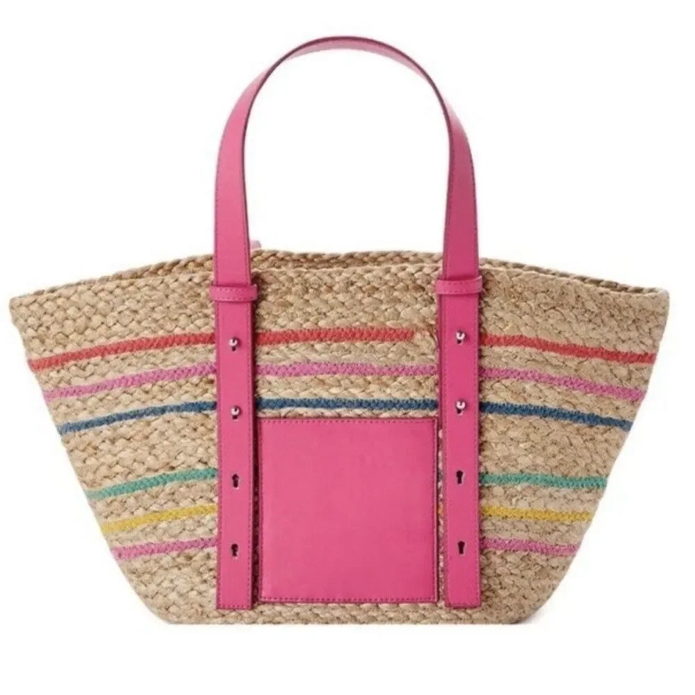 Time & Tru Natural Jute Straw Braided Striped Pink Pocket Tote/Shoulder Bag